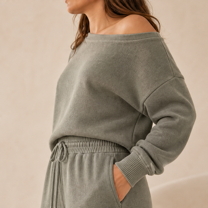 Cambrelle – Off-Shoulder Ribbed Knit Top &amp; Wide-Leg Pants Loungewear Set + 50% OFF