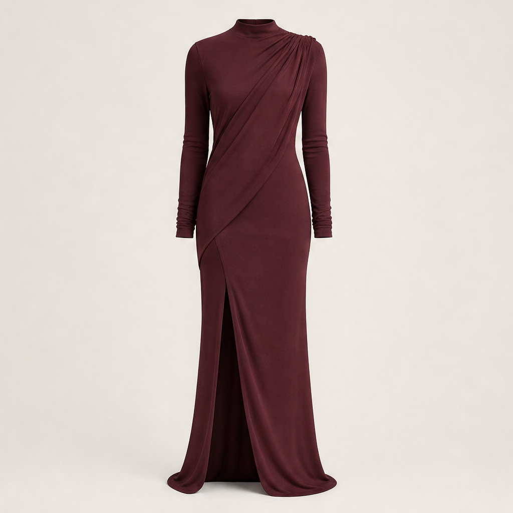Solvienne – Draped High Neck High Slit Evening Gown + 50% OFF Burgundy