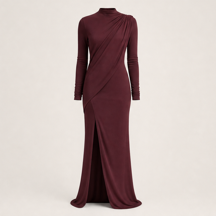 Solvienne – Draped High Neck High Slit Evening Gown + 50% OFF Burgundy