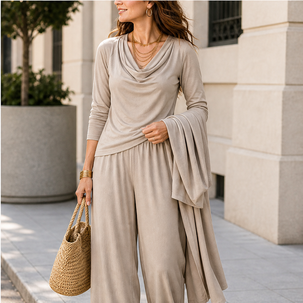 Cowlden – Draped Cowl Top, Wide-Leg Pants &amp; Long Cardigan 3-Piece Set + 50% OFF features