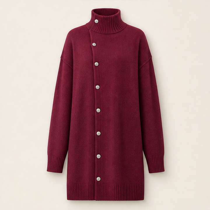 Millbron – Oversized Turtleneck Cardigan with Asymmetrical Buttons + 50% OFF Burgundy
