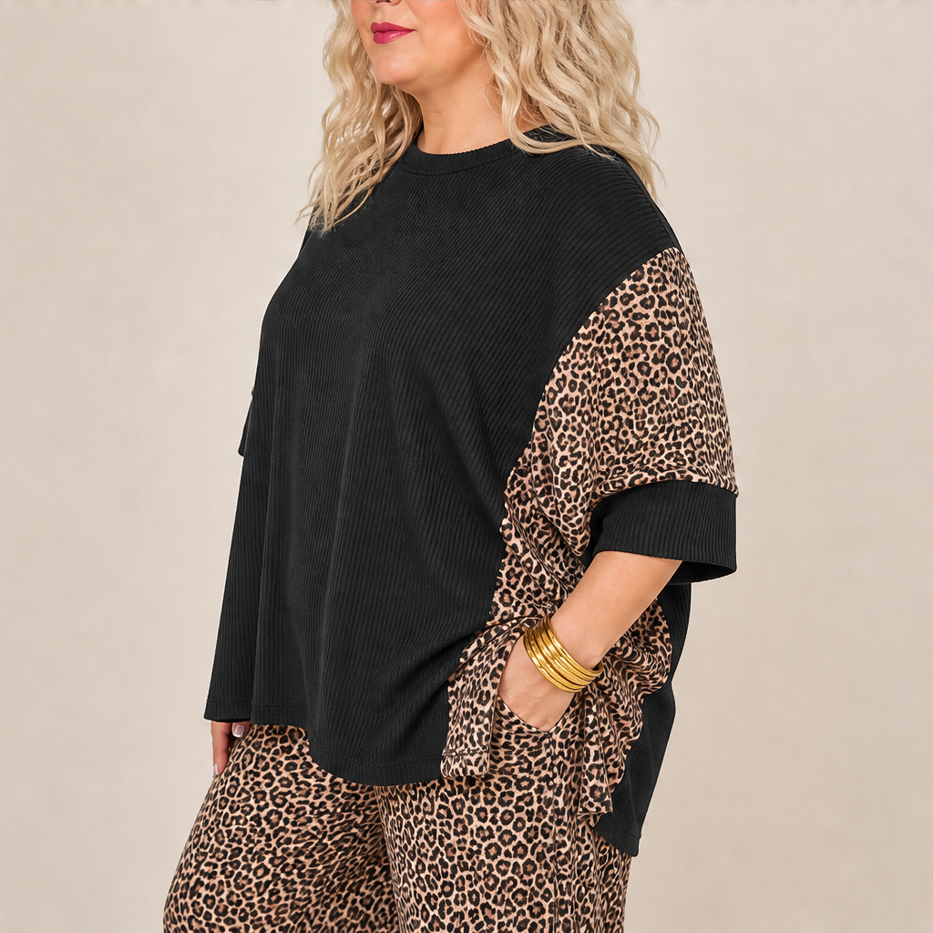 Fauxpelle – Oversized Tunic &amp; Wide-Leg Pants Leopard Two-Piece Set + 50% OFF features