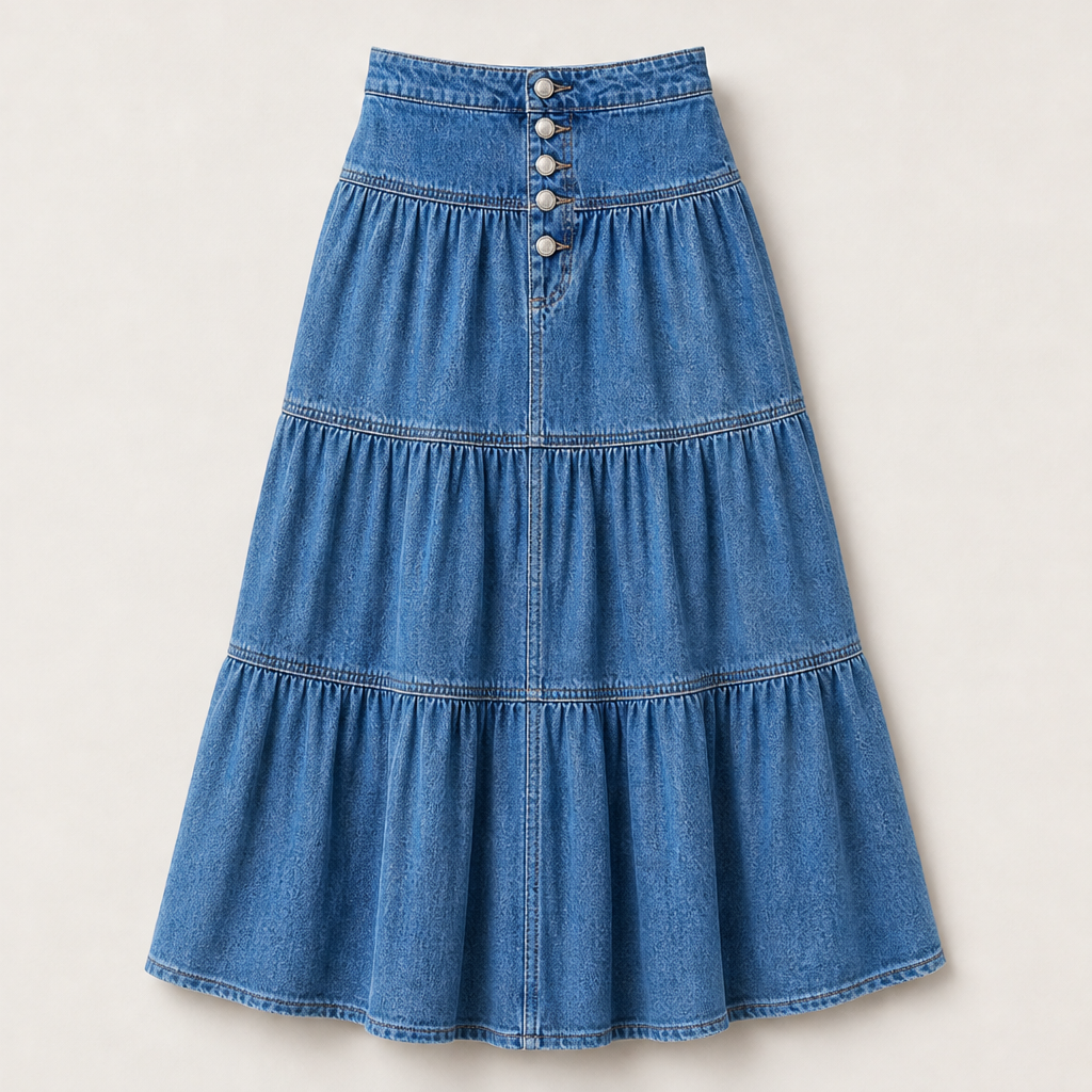 Westbloom – High-Waisted Tiered A-Line Cowboy Denim Maxi Skirt + 50% OFF Medium Blue