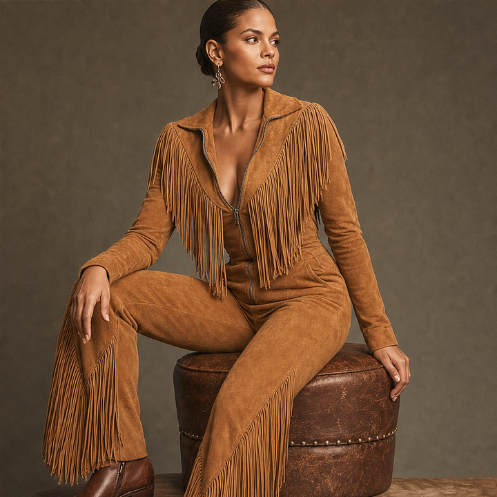Sagebrush – Western Fringe Faux Suede Zip-Up Jumpsuit + 50% OFF features