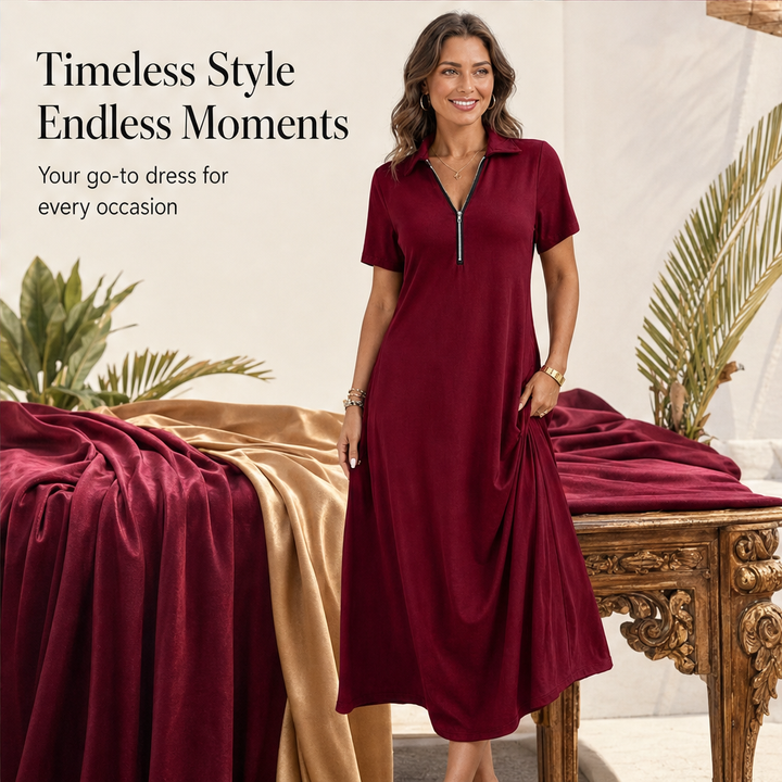 Marlowen – Zip-Neck Soft Knit Flowy Maxi Dress + 50% OFF features