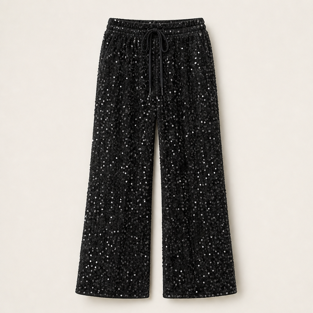 Velvara – Velvet-Backed Sequin Wide-Leg Trousers + 50% OFF Black