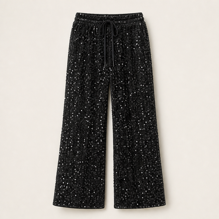 Velvara – Velvet-Backed Sequin Wide-Leg Trousers + 50% OFF Black