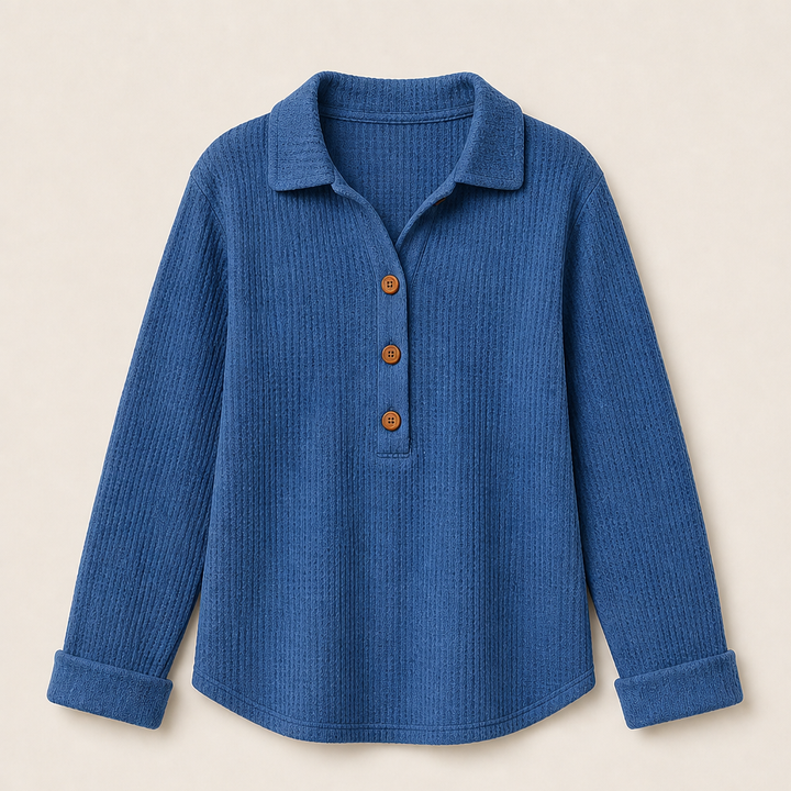 Cozeloom – Waffle Knit Long Sleeve Henley Top + 50% OFF Blue