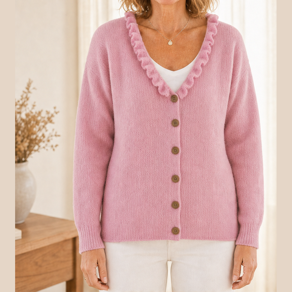 Cozelle – Ruffle Collar Soft Knit Button-Down Cardigan + 50% OFF Pink