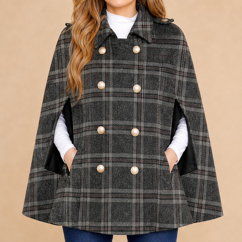 Camryn Hale – Plaid Statement-Button Cape Coat + 50% OFF Grey