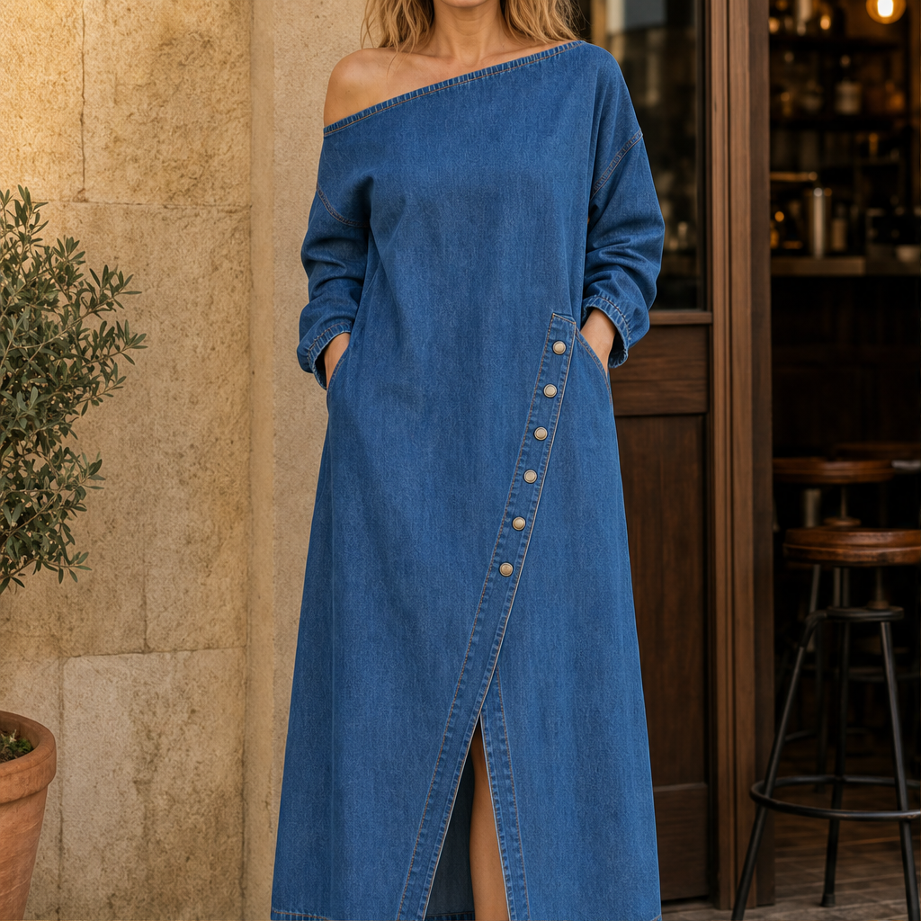 Willowdusk – Off-Shoulder Side-Slit Denim Maxi Dress + 50% OFF Denim Blue