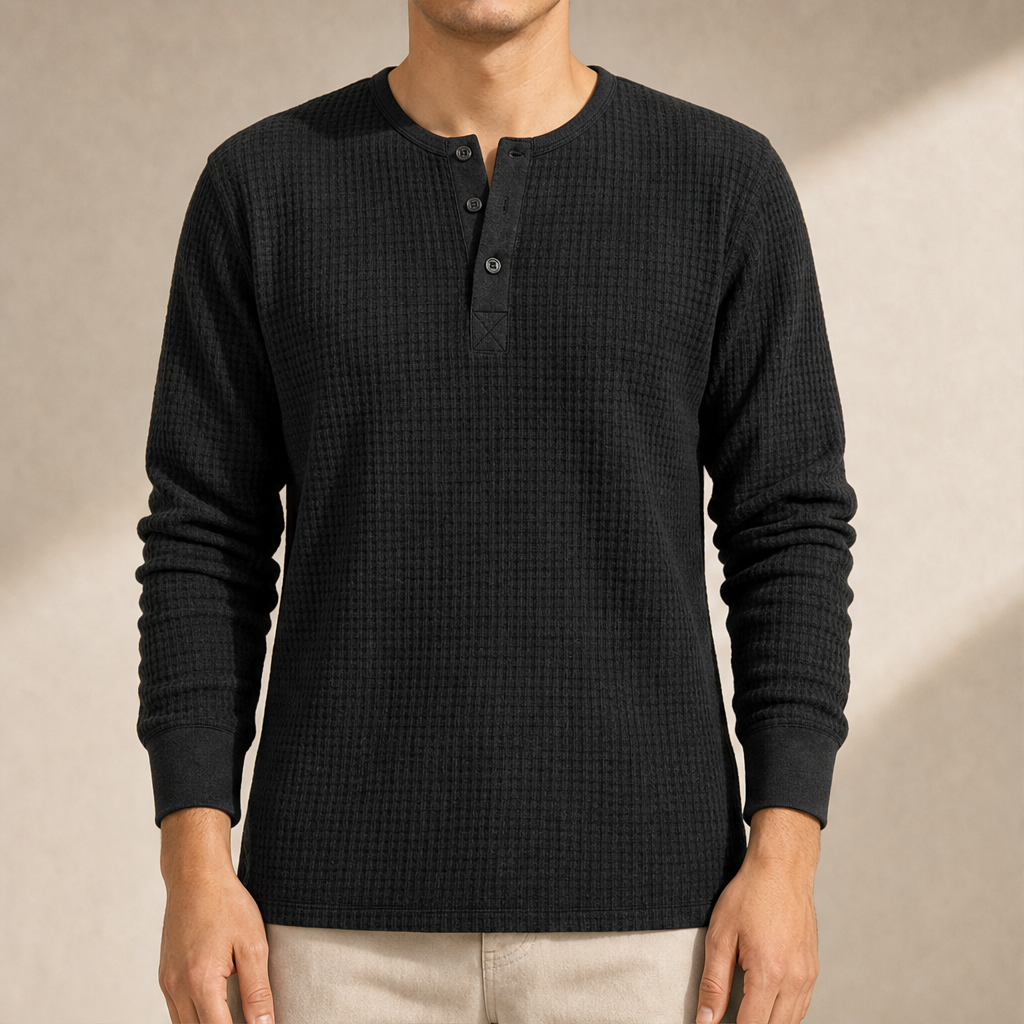 Ashcroft Mill – Waffle Knit Long Sleeve Henley Shirt + 50% OFF Black