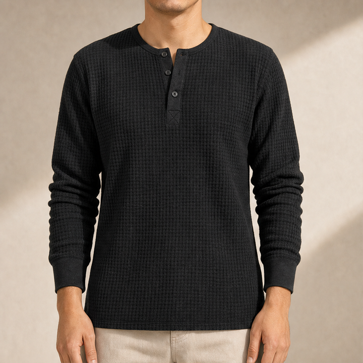 Ashcroft Mill – Waffle Knit Long Sleeve Henley Shirt + 50% OFF Black