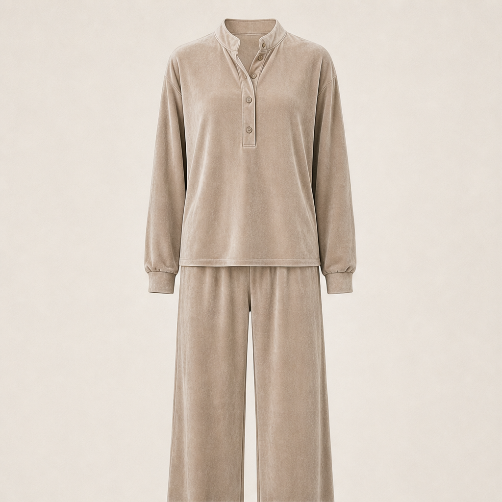 Velourin – Wide-Leg Velour Two-Piece Loungewear Set + 50% OFF Beige
