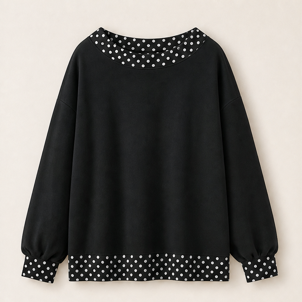 Fernbay – Oversized Polka-Dot Trim Color Block Pullover Top + 50% OFF Black