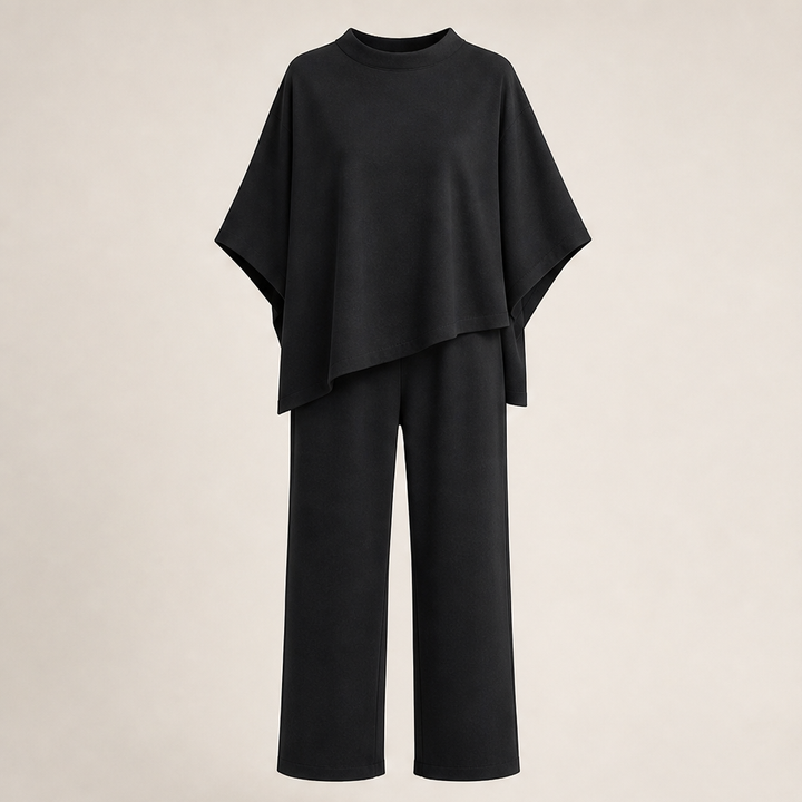 Calmora – Batwing Capelet Top and Wide Leg Pants Set + 50% OFF Black