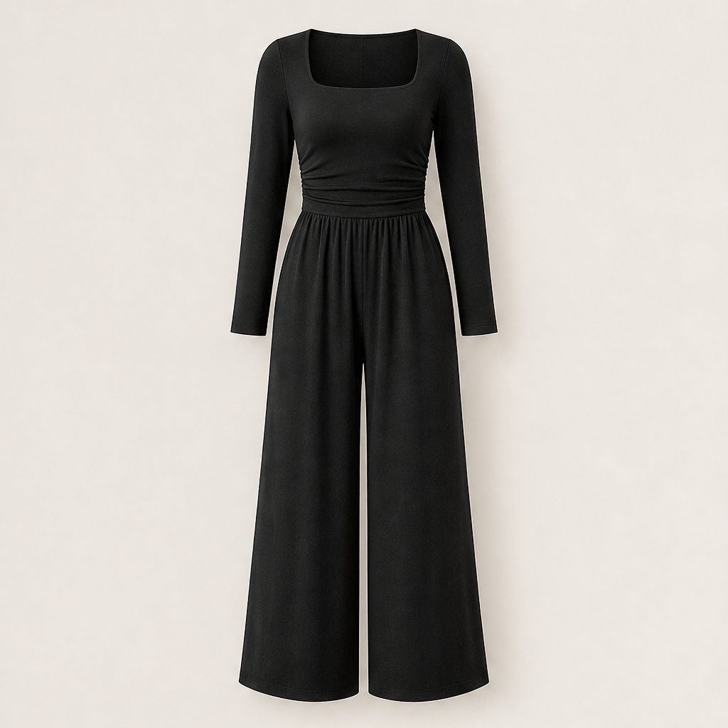 Verawide – Square-Neck Ruched-Waist Wide-Leg Jumpsuit + 50% OFF Black