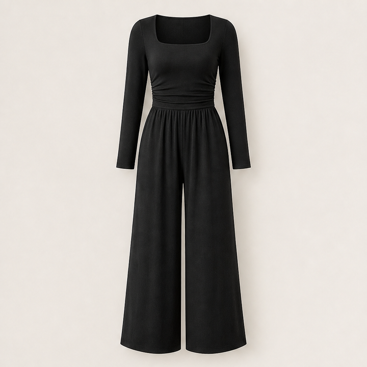 Verawide – Square-Neck Ruched-Waist Wide-Leg Jumpsuit + 50% OFF Black