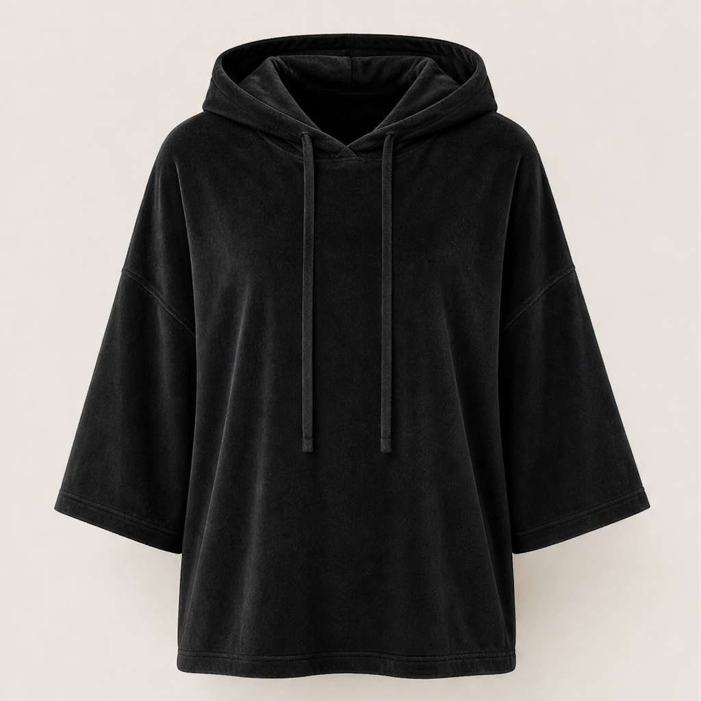 Plushwick – Oversized Velour Drawstring Hoodie with 3/4 Sleeves + 50% OFF Black