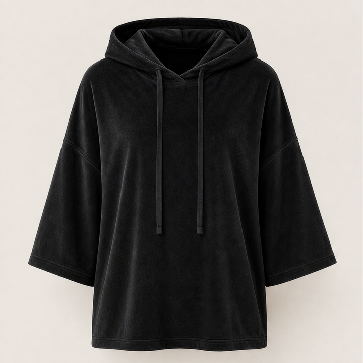 Plushwick – Oversized Velour Drawstring Hoodie with 3/4 Sleeves + 50% OFF Black