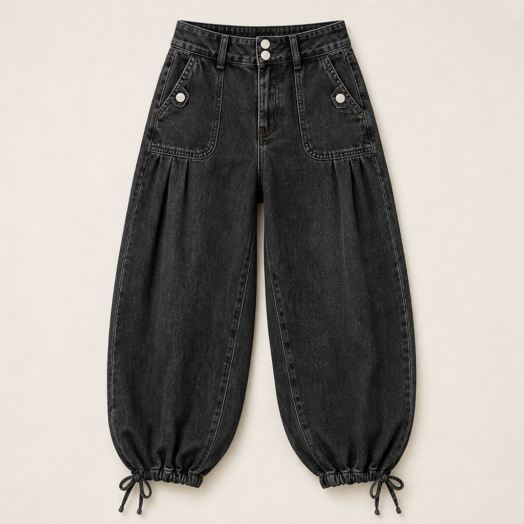 Barrelune – High Waisted Stretch Barrel Jeans with Tie Ankle Hem + 50% OFF Black