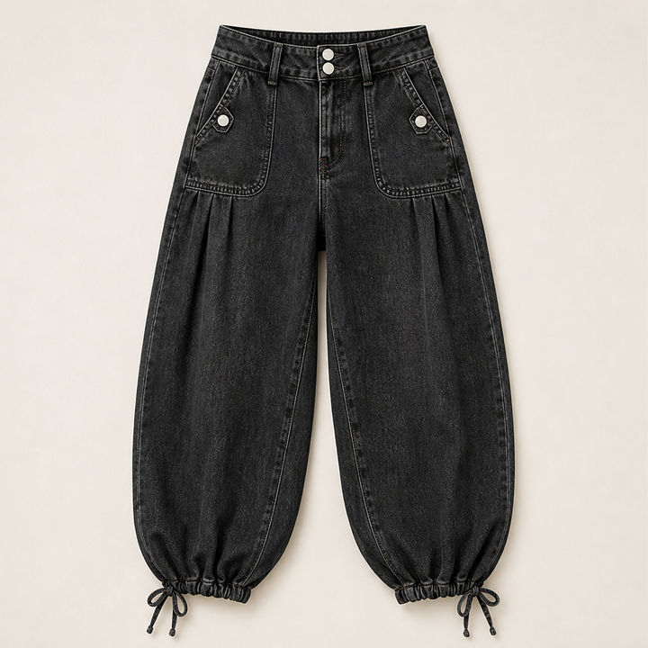 Barrelune – High Waisted Stretch Barrel Jeans with Tie Ankle Hem + 50% OFF Black