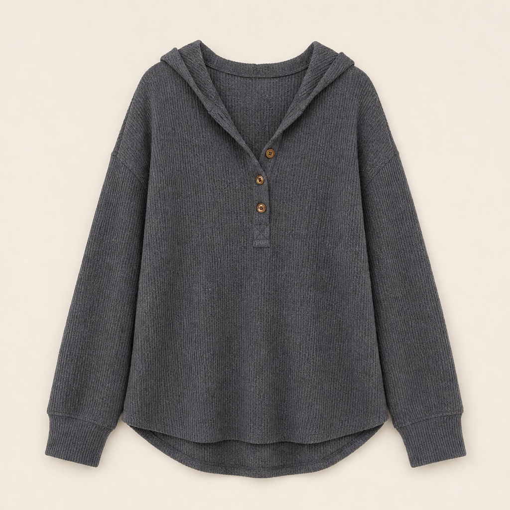 Warmholm – Waffle Knit Henley Hoodie Top + 50% OFF Charcoal