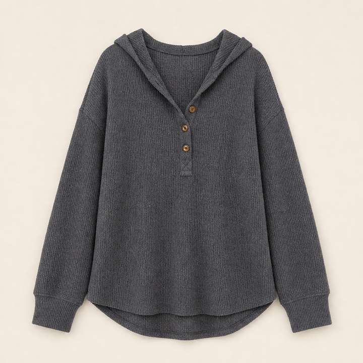 Warmholm – Waffle Knit Henley Hoodie Top + 50% OFF Charcoal