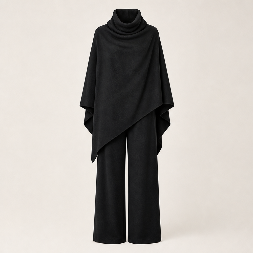 Draperie – Draped Turtleneck Cape &amp; Wide-Leg Pants Set + 50% OFF Black