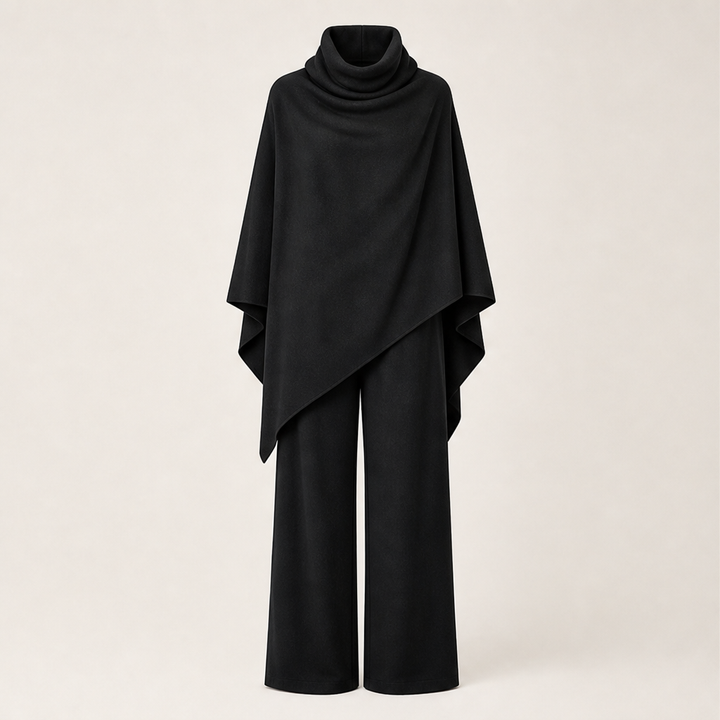 Draperie – Draped Turtleneck Cape &amp; Wide-Leg Pants Set + 50% OFF Black