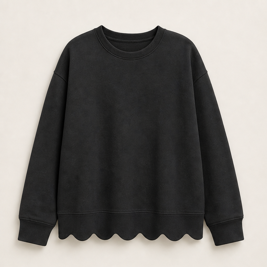 Wavella – Scalloped Hem Oversized Crew Sweatshirt + 50% OFF Black