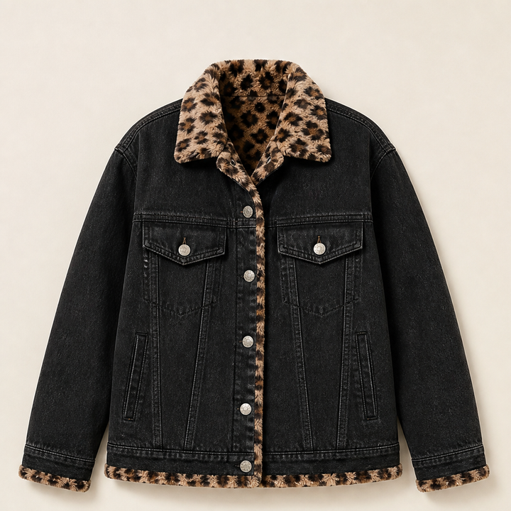 Savann Row – Reversible Leopard Lined Oversized Denim Jacket + 50% OFF Black