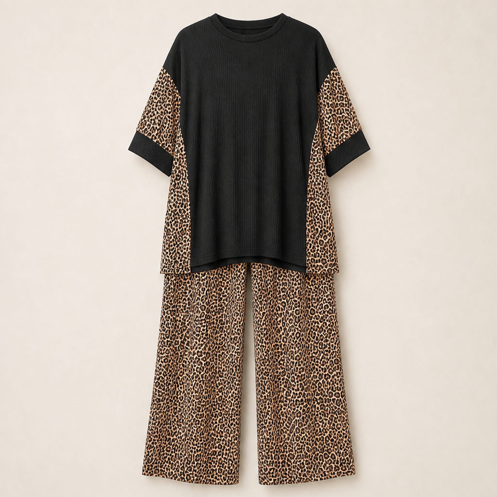 Fauxpelle – Oversized Tunic &amp; Wide-Leg Pants Leopard Two-Piece Set + 50% OFF Black