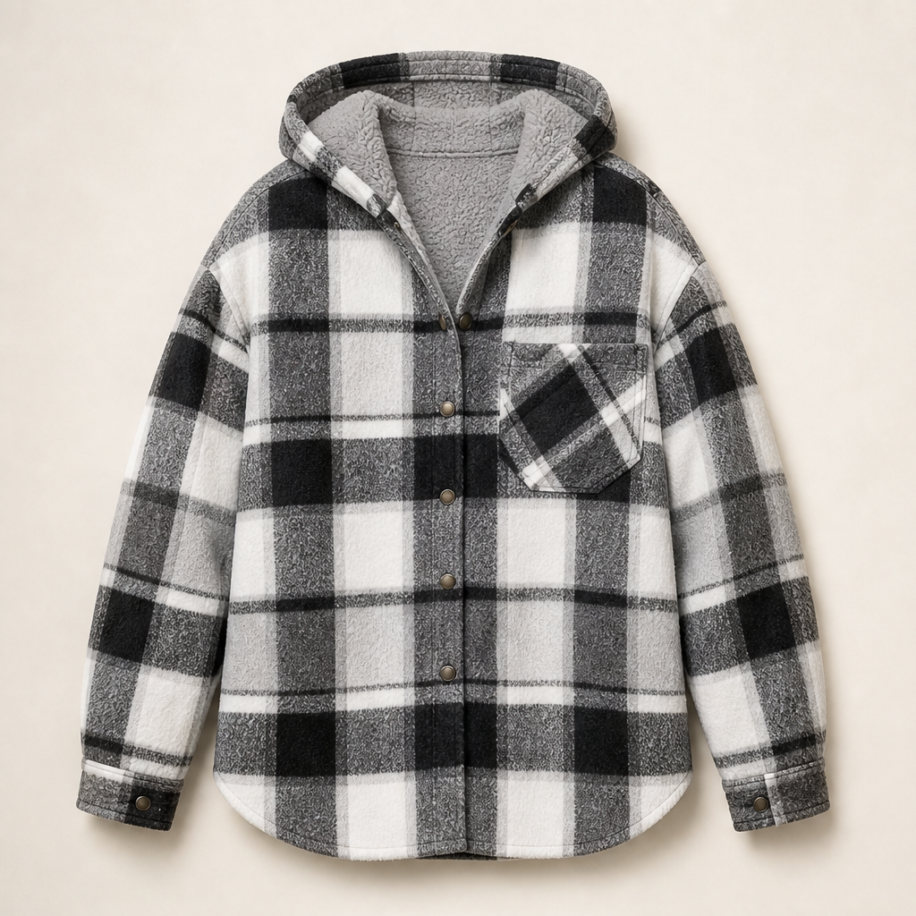 Hearthfold – Cozy Plaid Sherpa-Lined Hooded Jacket + 50% OFF Black