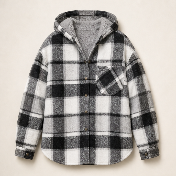 Hearthfold – Cozy Plaid Sherpa-Lined Hooded Jacket + 50% OFF Black