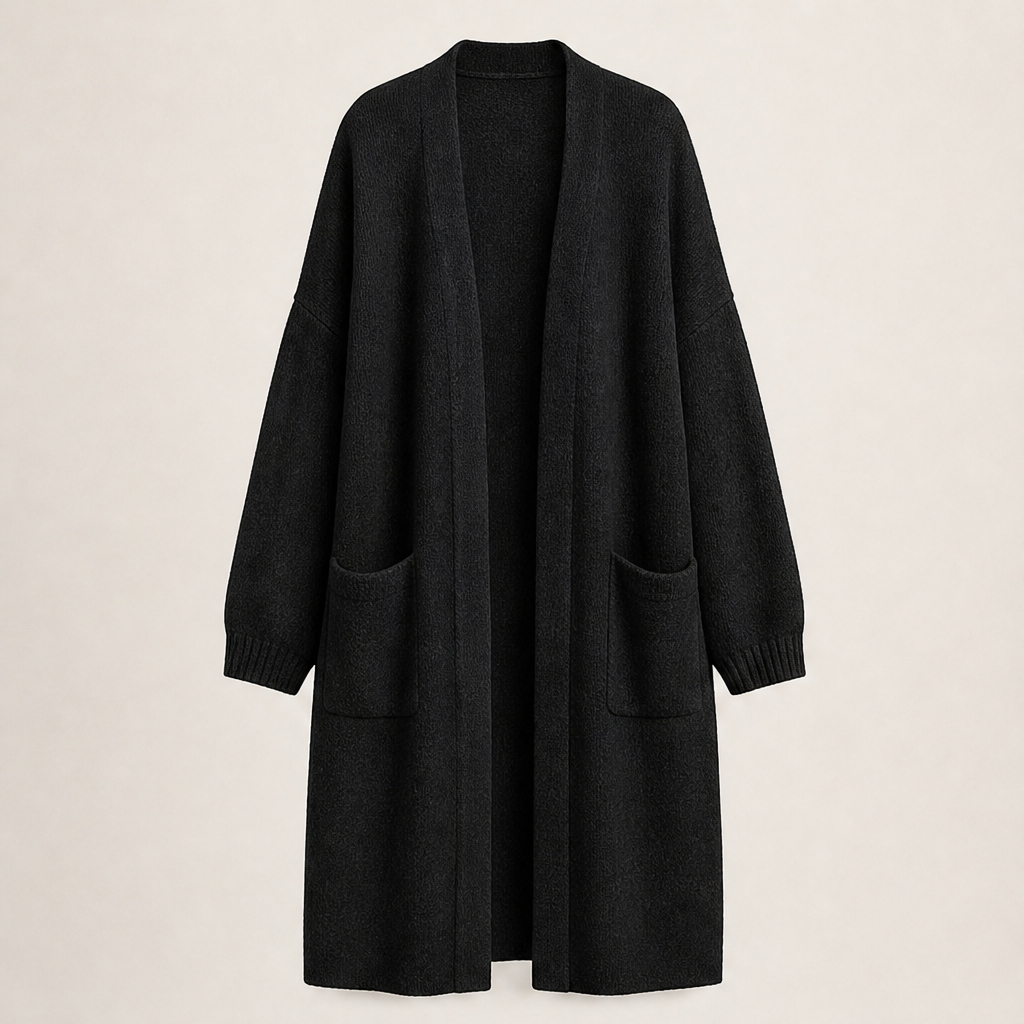 Draperlyn – Oversized Open-Front Knit Cardigan with Pockets + 50% OFF Black