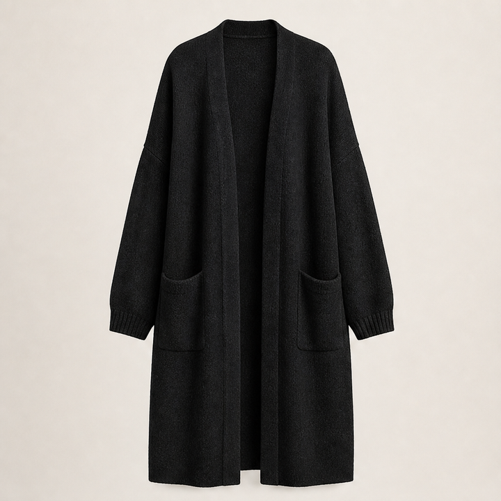 Draperlyn – Oversized Open-Front Knit Cardigan with Pockets + 50% OFF Black