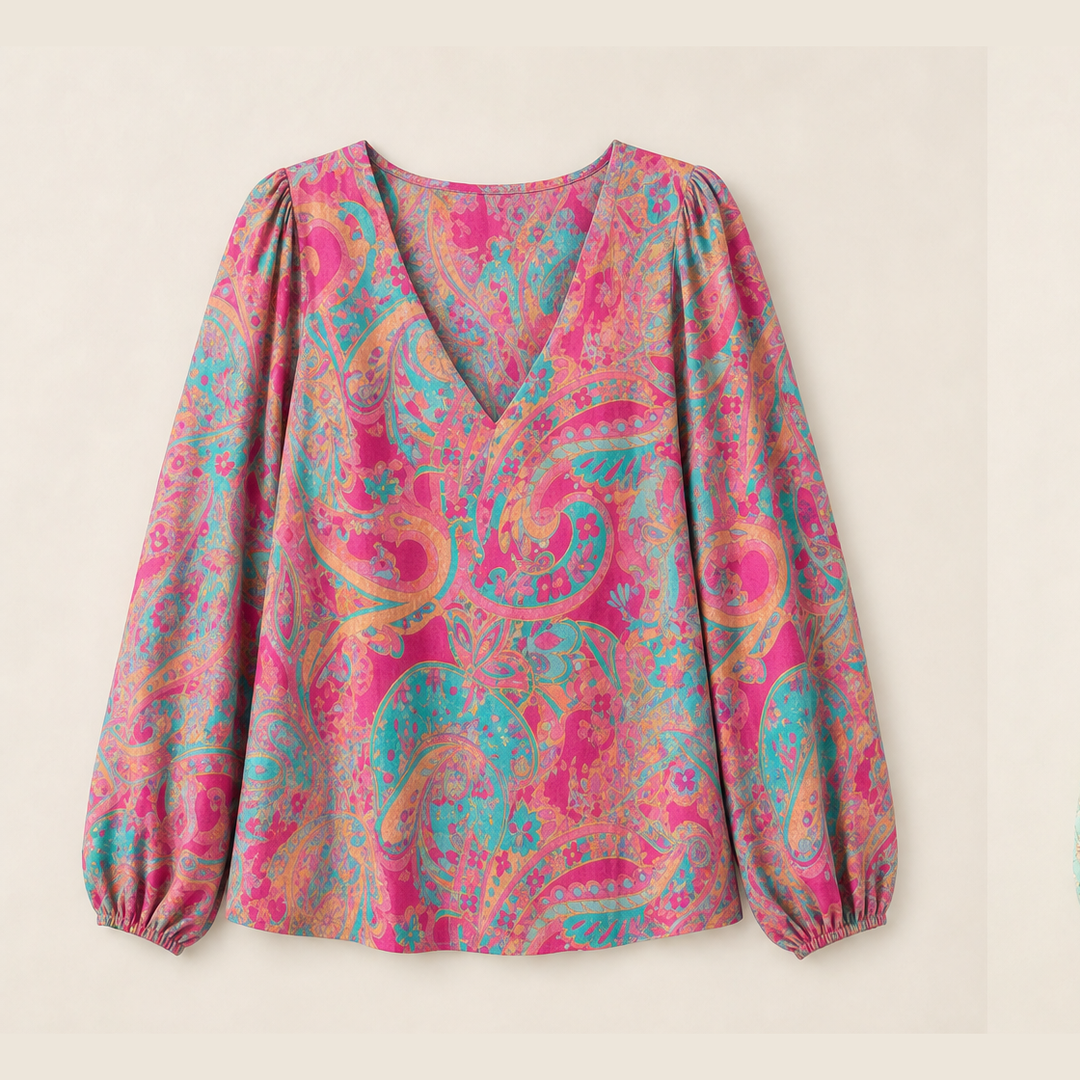 Paisleigh – V-Neck Puff Sleeve Printed Loose Top + 50% OFF Pink Paisley