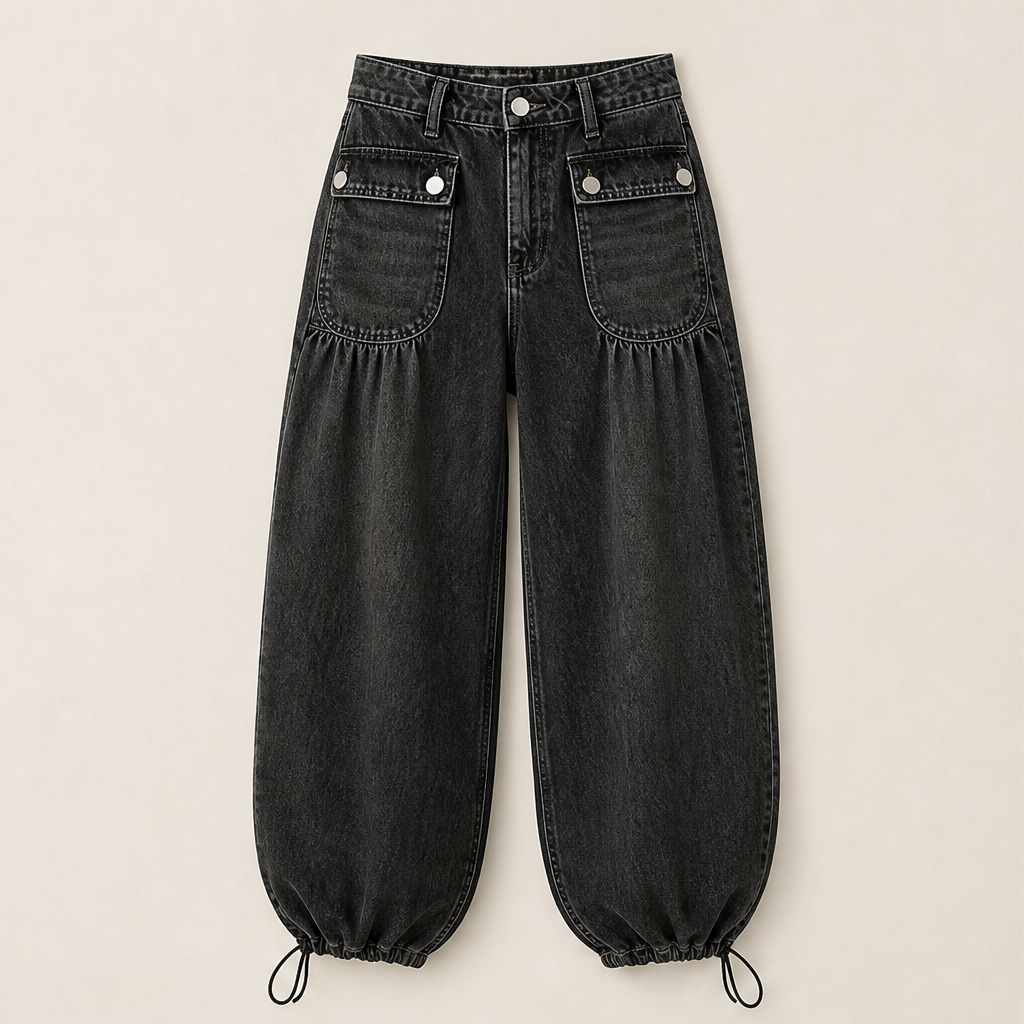 Millrow – Adjustable-Cuff High-Waist Balloon Jeans + 50% OFF Black