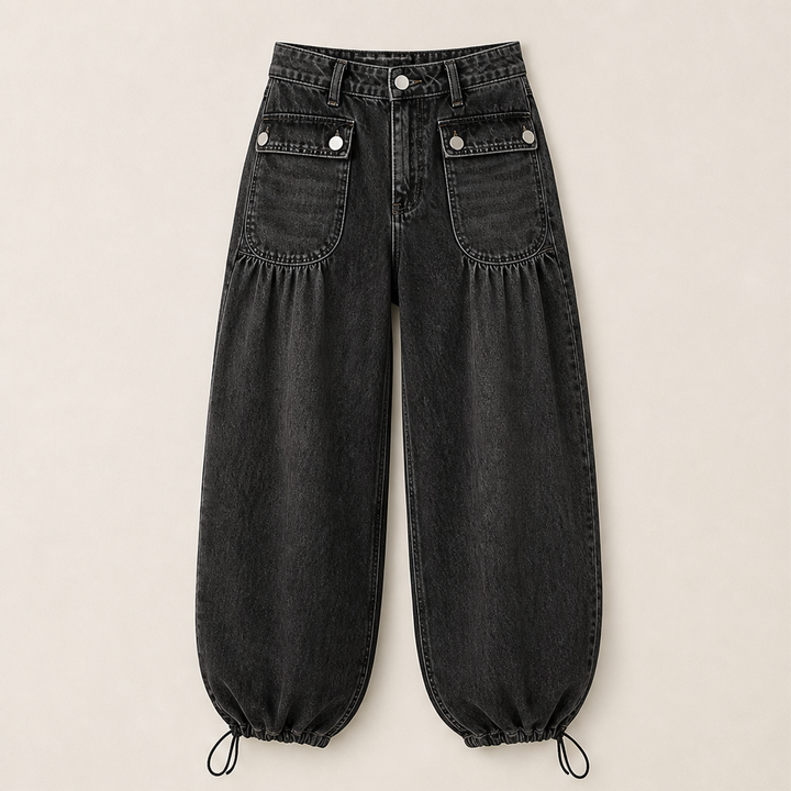 Millrow – Adjustable-Cuff High-Waist Balloon Jeans + 50% OFF Black