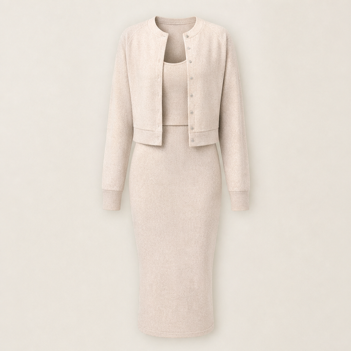 Ambrette – Ribbed Bodycon Dress &amp; Cropped Jacket Two-Piece Set + 50% OFF Beige