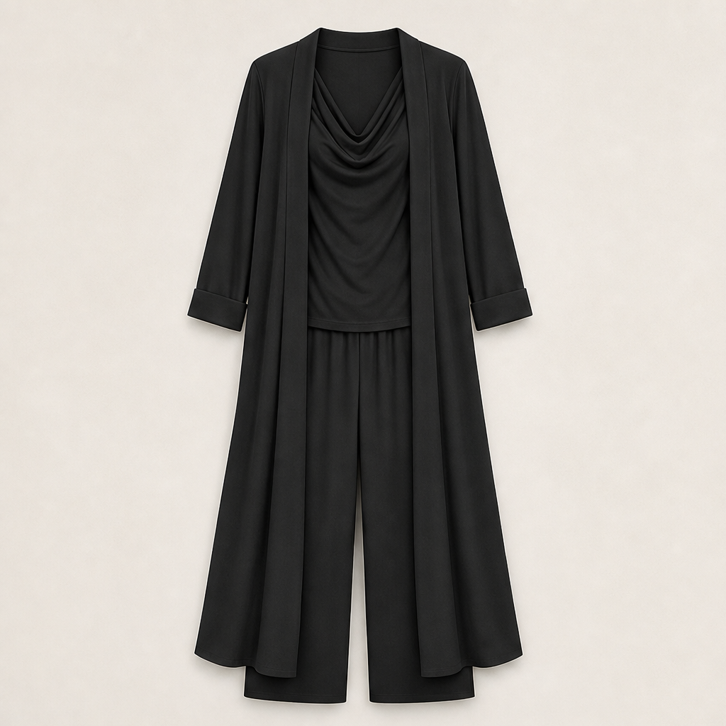 Cowlden – Draped Cowl Top, Wide-Leg Pants &amp; Long Cardigan 3-Piece Set + 50% OFF Black