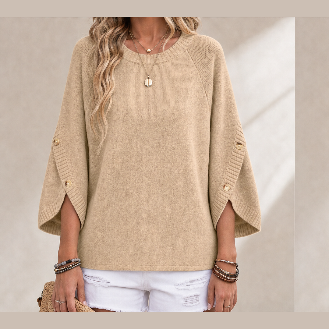 Cassymere – Split-Button Sleeve Oversized Knit Pullover + 50% OFF Beige