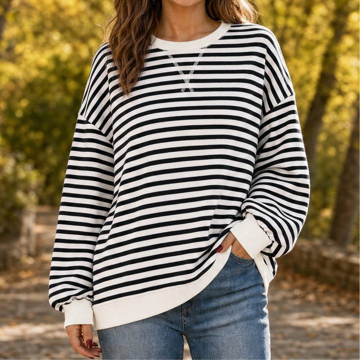 Cozelle – Striped Lantern-Sleeve Oversized Pullover Sweatshirt + 50% OFF Black/White Stripe