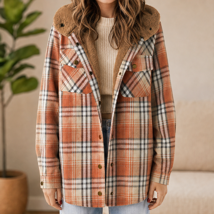 Wrenfield – Sherpa-Hood Thickened Flannel Plaid Shirt Jacket + 50% OFF Orange Plaid