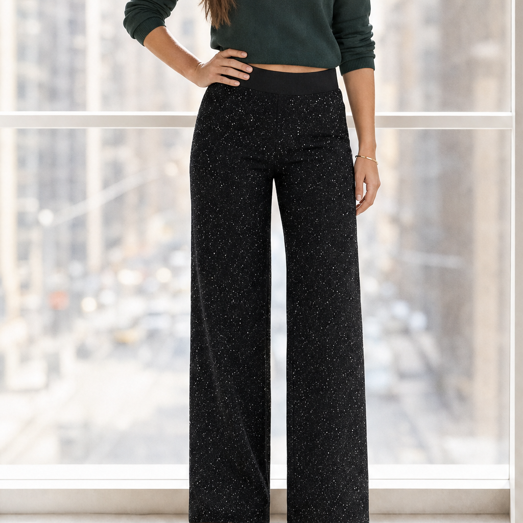 Glimmerwick – Sparkling High-Waist Straight-Leg Pants + 50% OFF Black