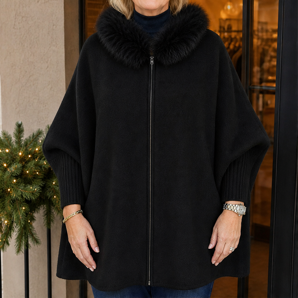 Vailfur – Faux Fox Fur Collar Cozy Cape Poncho + 50% OFF Black