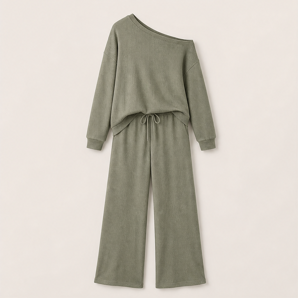 Cambrelle – Off-Shoulder Ribbed Knit Top &amp; Wide-Leg Pants Loungewear Set + 50% OFF