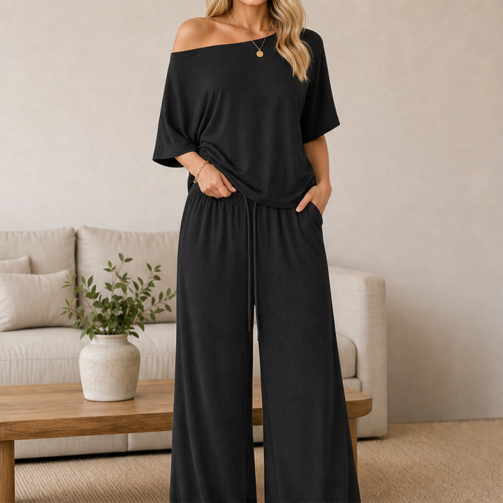 Cloudmere – Off-Shoulder Top &amp; Wide-Leg Pants Lounge Set + 50% OFF Black