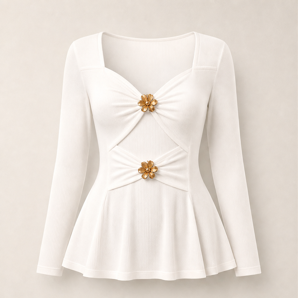 Fleurmont – V-Neck Peplum Top with Metallic Flower Accents + 50% OFF White